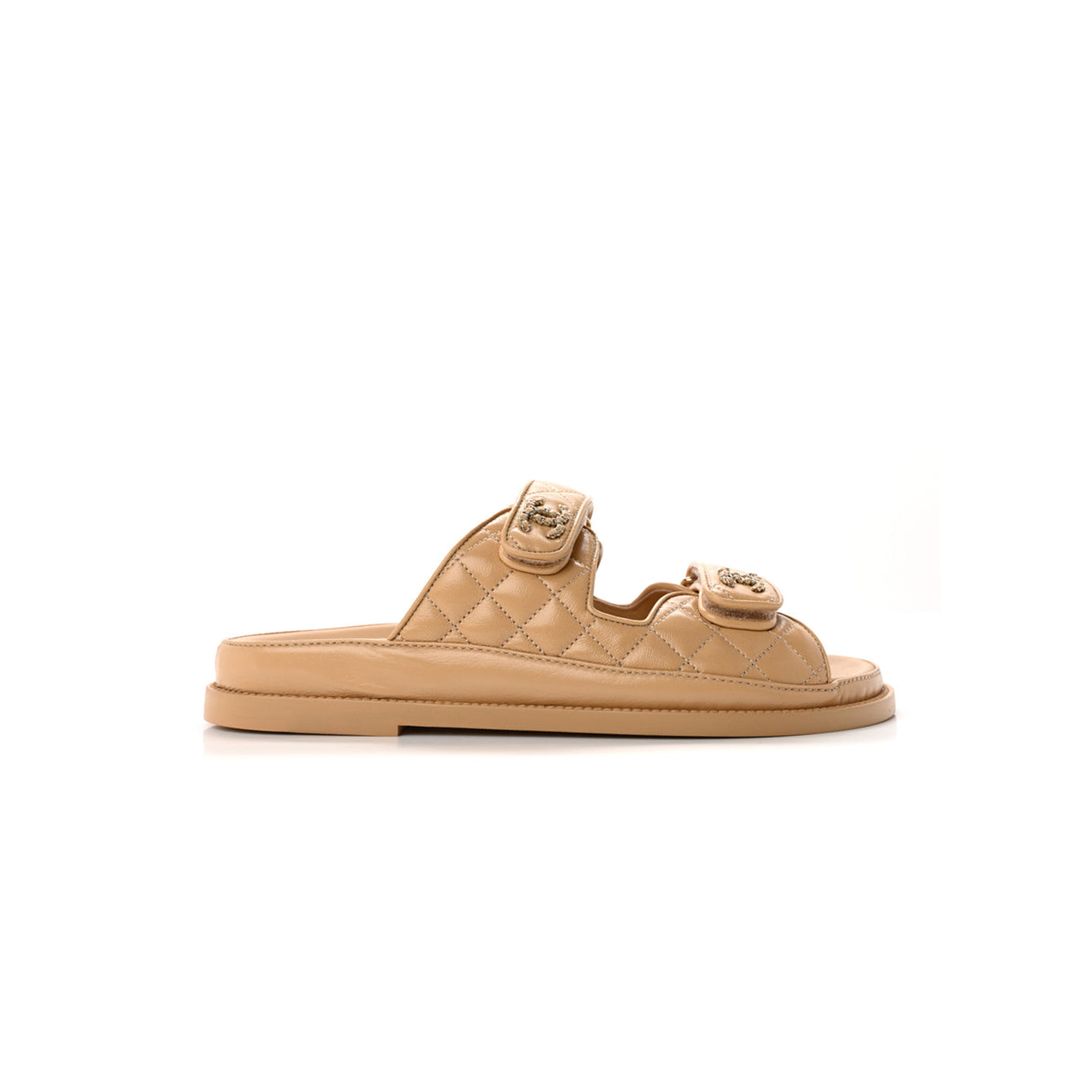 CHANEL LAMBSKIN QUILTED VELCRO DAD CHAIN CC SLIDE SANDALS BEIGE 